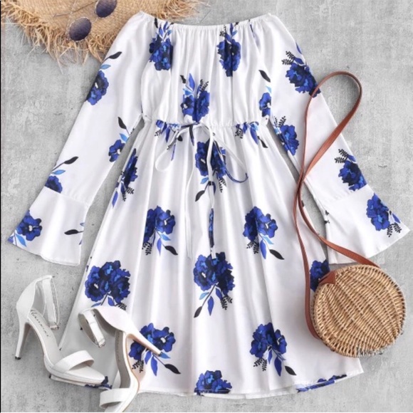 Off shoulder floral dress Blueberry white color - Picture 2 of 3
